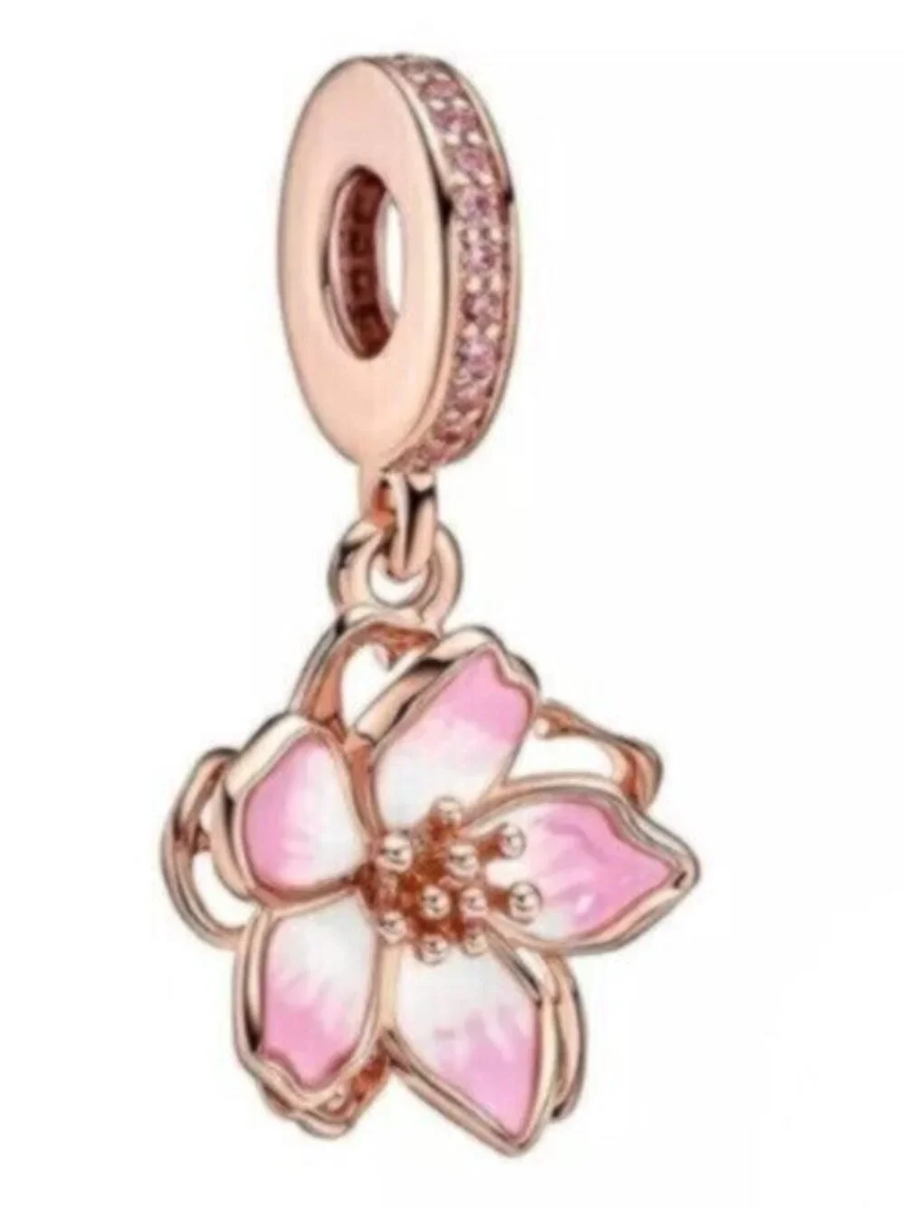 Rose Gold Plated Cherry Blossom Dangle Charm Fits Pandora Charm Bracelets